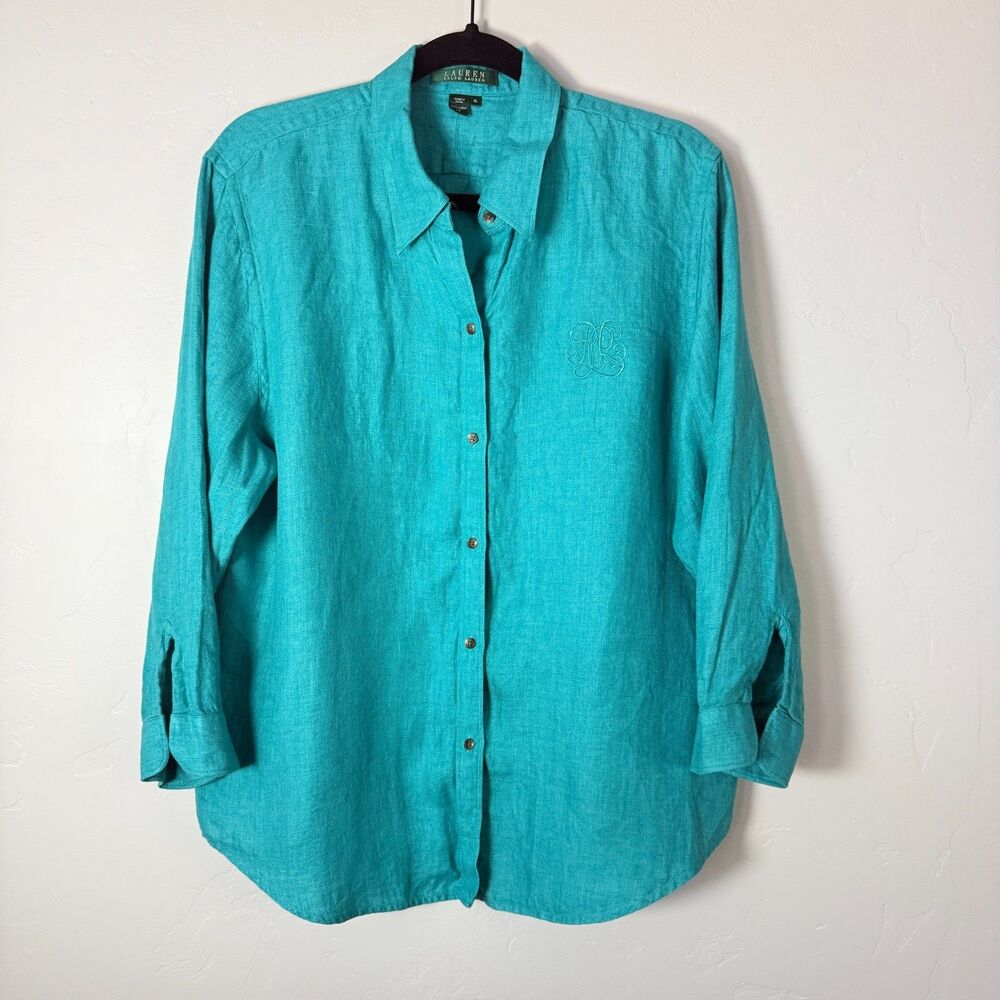 Lauren Ralph Lauren 100% Linen Shirt XL Teal Monogram Herringbone Button Down